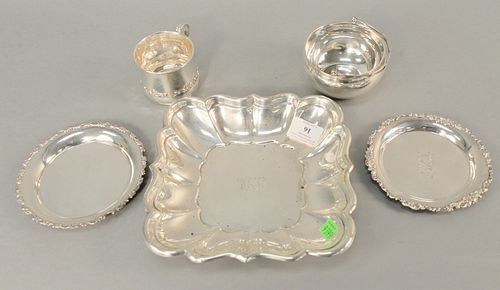 Five piece lot to include sterling silver group to include square bowl, cup and small dishes. 24.4 t. oz.