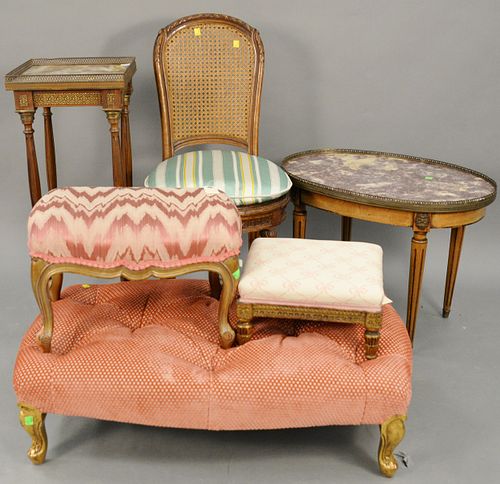 Six piece lot with two marble top stands, three French style footstools, one caned side chair. stands ht. 32 in and 19 in. Provenance: Estate of Willi