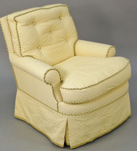 Custom upholstered easy chair (slight fading on left). ht. 31 in., wd. 29 in. Provenance: Estate of William and Teresa Patton, Lake Ave Greenwich, CT