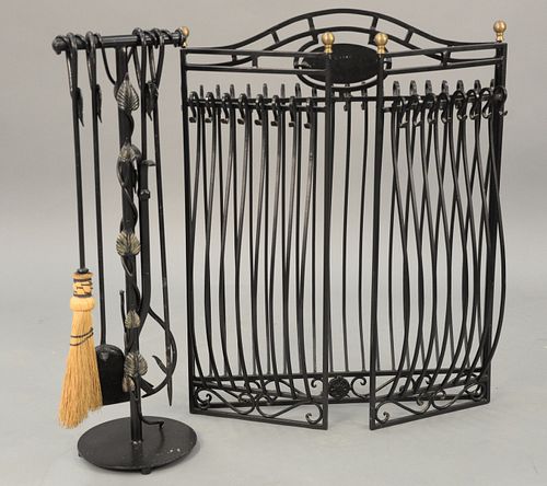 Iron fire screen and set of tools. ht. 33 in., fully open wd. 49 in.