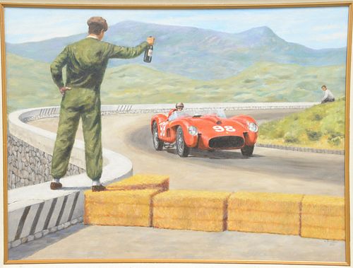 Fred Stout, oil on canvas, 1958 Targa Florio Road Race, Phil Hill, Collins, Mike Hawthorn, signed lower right. 24" x 18".