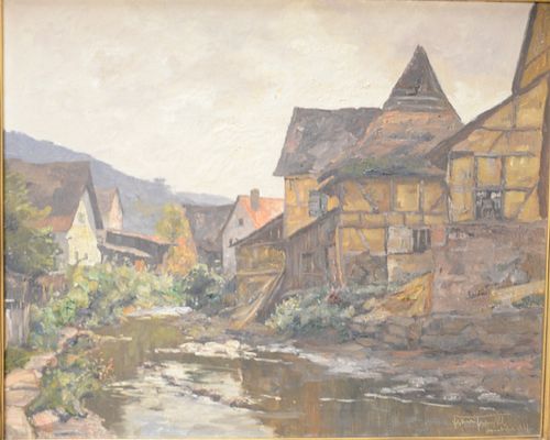 Franz Xaver Frankl (1881-1940), oil on canvas, town landscape with stream, signed lower right Franz Frankl 1927, in arts and craft frame possibly Newc