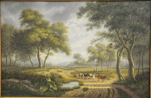 Contemporary oil on board landscape country road with cows, 24" x 36"