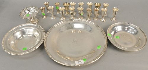 Sterling silver group to include two sets of cordials, large round platter and two bowls. 47.5 t.oz.