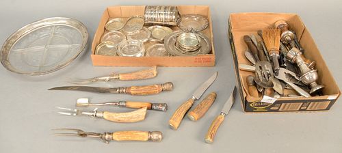 Large group of sterling silver lined or weighted pieces, coasters, handles, horn handled cutlery, etc.