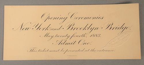 Tiffany and Company ticket to Opening Ceremonies of New York and Brooklyn Bridge, May 24, 1883, blind stamp N.Y. and B.B. 3" x 5".
