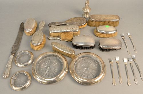Group lot of weighted sterling silver brushes, coasters, etc.