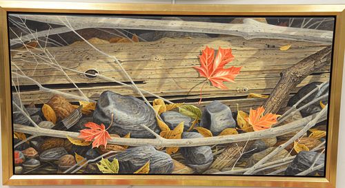 Normand Gladu (B1950), oil on canvas, "The Fallen Leaf", Galerie Bernard Desroches label on back. 19" x 37". Provenance: Property from the Credit Suis