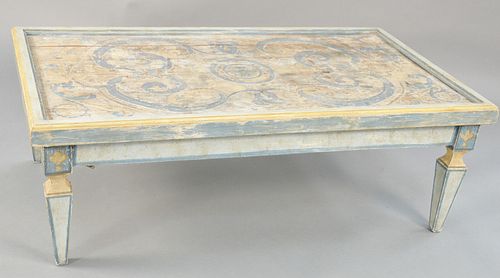 Primitive style coffee table, paint decorated. (top worn). ht. 18 in., top: 31" x 53 1/2". Provenance: Estate of William and Teresa Patton, Lake Ave G