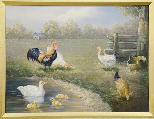 Contemporary oil on canvas of roosters by ponds edge with ducks and ducklings, signed illegibly. 18" x 24". Provenance: Former home of Mel Gibson, Old