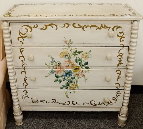 Painted four drawer cottage chest. ht. 39 in., wd. 38 in. Provenance: Former home of Mel Gibson, Old Mill Rd, Greenwich, CT