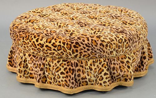 Baker Furniture upholstered pouf leopard pattern, upholstery possibly Scalamandre ht. 14 in., dia 38 in. Provenance: Estate of William and Teresa Patt