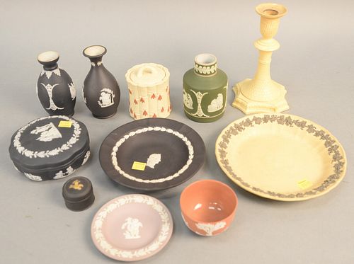 Tray lot of Wedgwood Jasperware to include three vases, three vases, three plates, covered box, bamboo covered sugar, candlestick and a small bowl. Pr