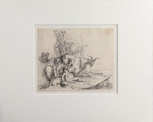 Tiepolo "Nymph w Small Satyr & Two Goats" Etching