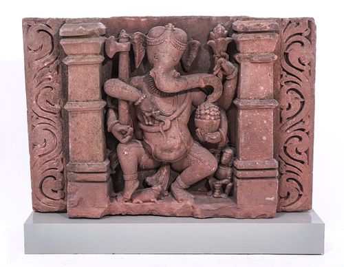 Indian Carved Sandstone Ganesha Stele, 10-12th C.