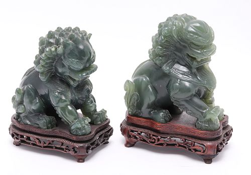 Chinese Carved Green Hardstone Foo Dogs, Pair