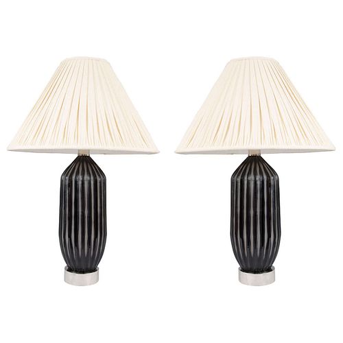 Modern Black Glass Table Lamps, Pair