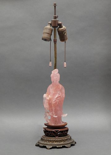 Chinese Rose Quartz Carved Figural Lamp