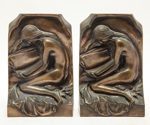 Art Nouveau Bronze Figural Bookends, Pair