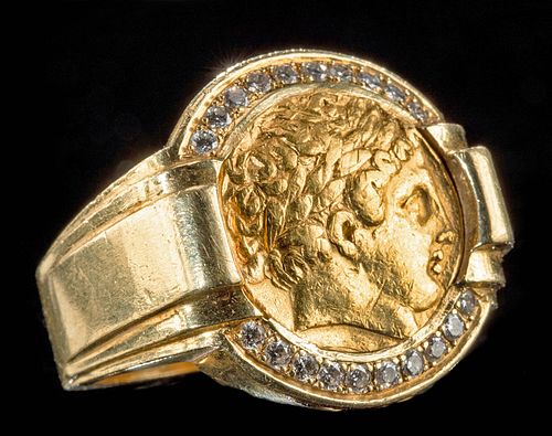 18K Gold Ring w/ Ancient Greek Gold Stater, Diamonds