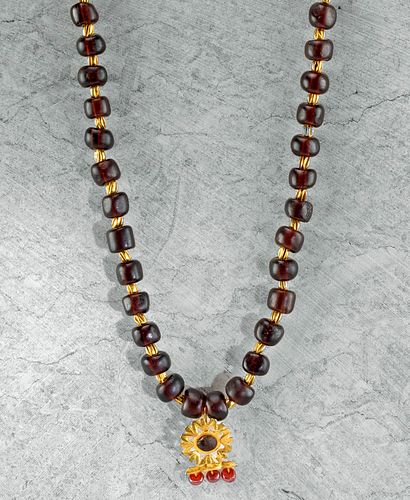 Roman 20K+ Gold & Glass Bead Necklace & Floral Pendant