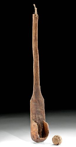 19th C. Eastern Woodlands Wood Lacrosse Stick & Ball