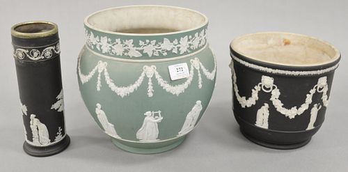 Three piece Wedgwood group to include black and white basalt planter and vase along with a large green and white planter, each with impressed Wedgwood