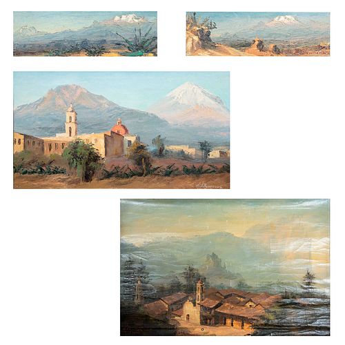 EDUARDO VILLANUEVA, Vistas de paisajes, Firmados y fechados, Óleos sobre tela y fibracel, 58 x 90 cm (mayor), Piezas: 4