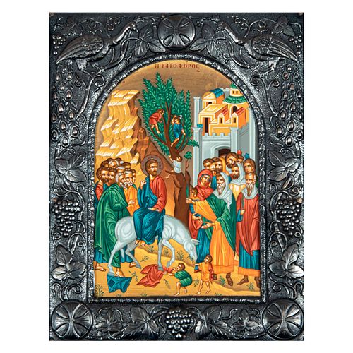Ícono de la entrada triunfal de Jesús en Jerusalén. Grecia, siglo XX. Acrílico sobre tabla con falda de lámina repujada.