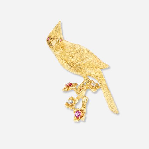 Gem-set and gold cardinal brooch