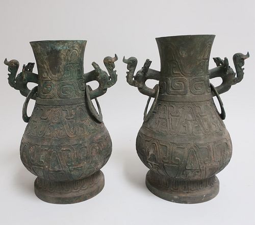Pair of Large Western Zhou Style Bronze Hu