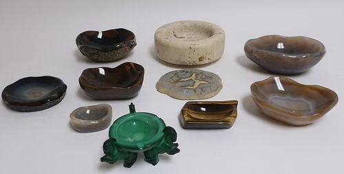 9 Hardstone and One Green Glass Bowls