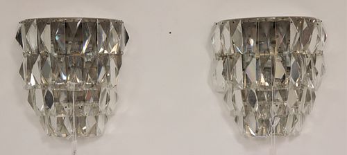 Pair 1970's Chrome & Cut-Glass Sconces