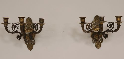 Pr of Empire Style Gilt Brass 3-Light Chandeliers