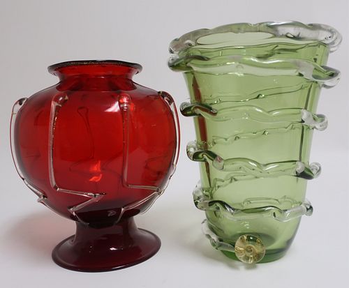 2 Venetian Colored Glass Vases