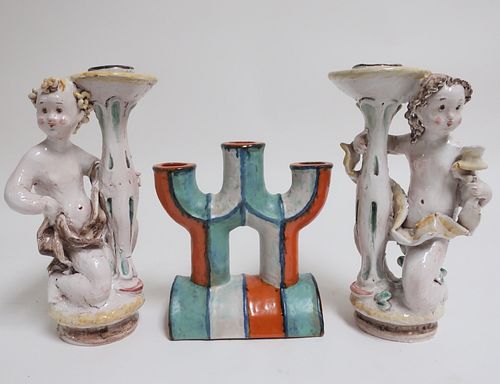 Art Deco Figural Candlesticks & Tile Candelabrum