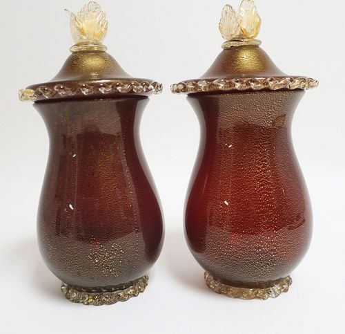 Pair of Venetian Gilt, Ruby & Clear Glass Jars