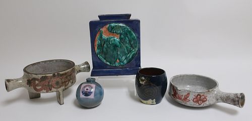 4 French Ceramic Vases & Jean Derval Fondue Pot