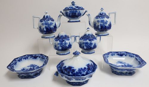 8 Flow Blue 'Scinde' Transferware Dishes, 19th C.