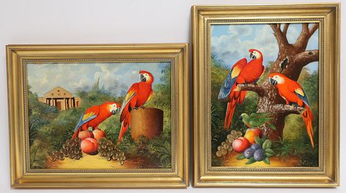 Giui: Two Similar Paintings of Parrots, O/B