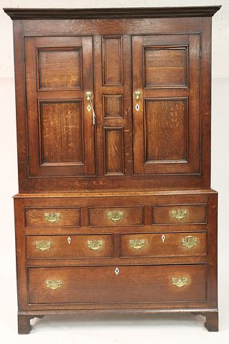 English Oak 2-Part Cupboard on Chest, 18th C.