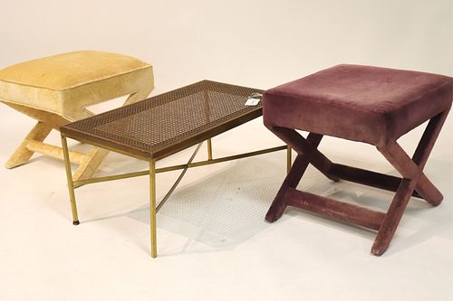 2 "X" Form Upholstered Stools; Brass & Caned Bench