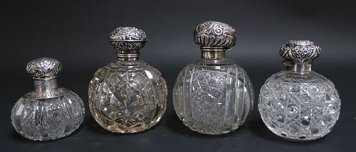 4 Cut Glass & Silver Perfume Bottles