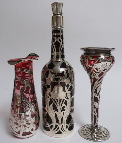 3 Art Nouveau Silver Overlay & Glass Items