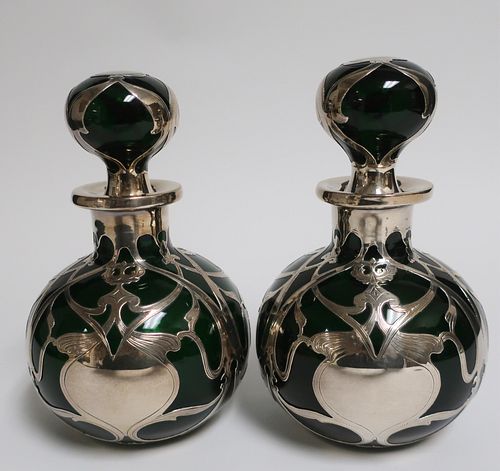 Pair of  Art Nouveau Silver & Glass Bottles