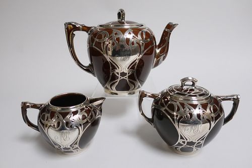3-Pc Sterling Overlay Pottery Tea Set