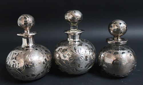 3 Lg Sterling Silver Overlay & Glass Perfumes
