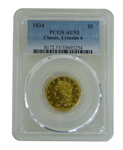 1834 $5 Classic, Crosslet 4 AU53