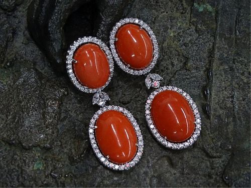 40ct Coral And 6.75ct Diamond Earrings