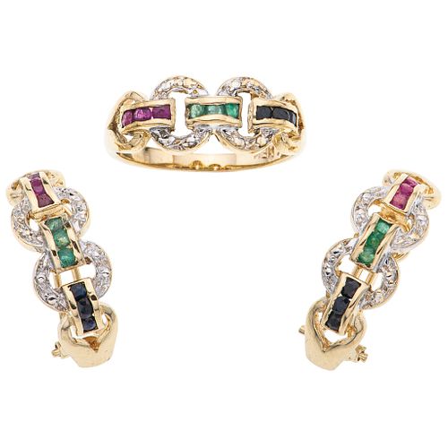 RING AND EARRINGS SET WITH SAPPHIRES , EMERALDS AND RUBIES. 14K YELLOW GOLD